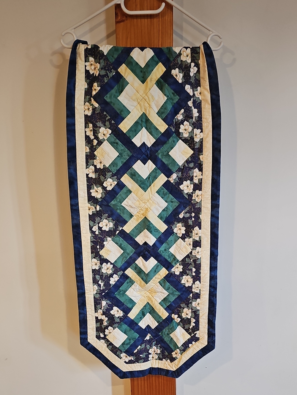 Handmade Navy and Teal Quilted Table Runner - Floral Pattern